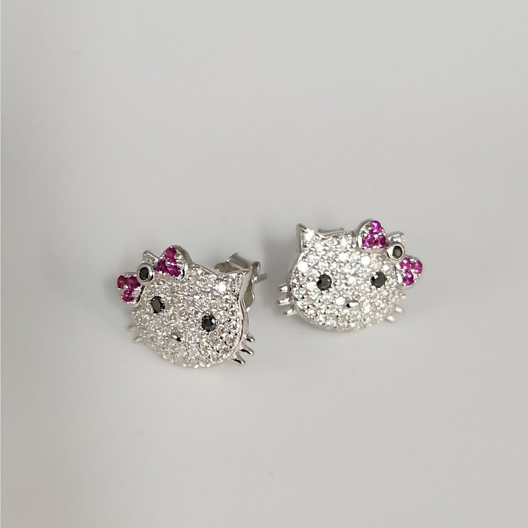 925 Sterling Silver Hello Kitty Style Earrings W/ CZ & Ruby Accent Sparkle Studs