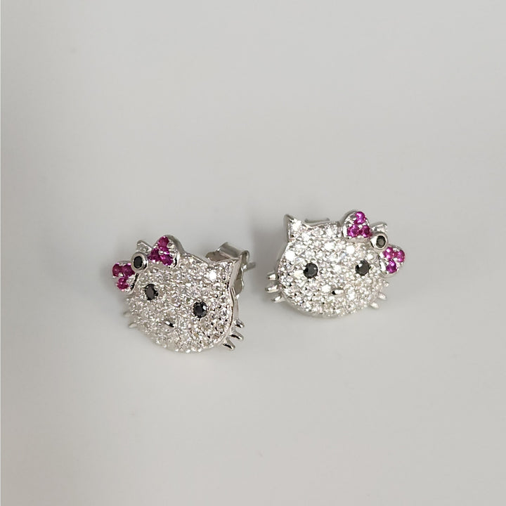 925 Sterling Silver Hello Kitty Style Earrings W/ CZ & Ruby Accent Sparkle Studs