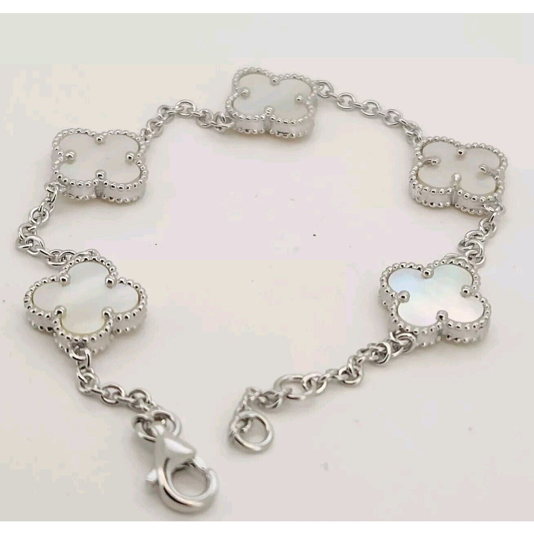 925 Sterling Silver Mother Of Pearl Flowers Bracelet 7.5"