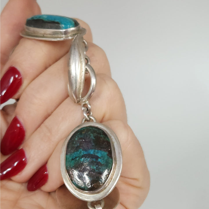 Vintage 925 Sterling Silver Natural Chrysocolla large Gemstones Bracelet 7.5" -68g