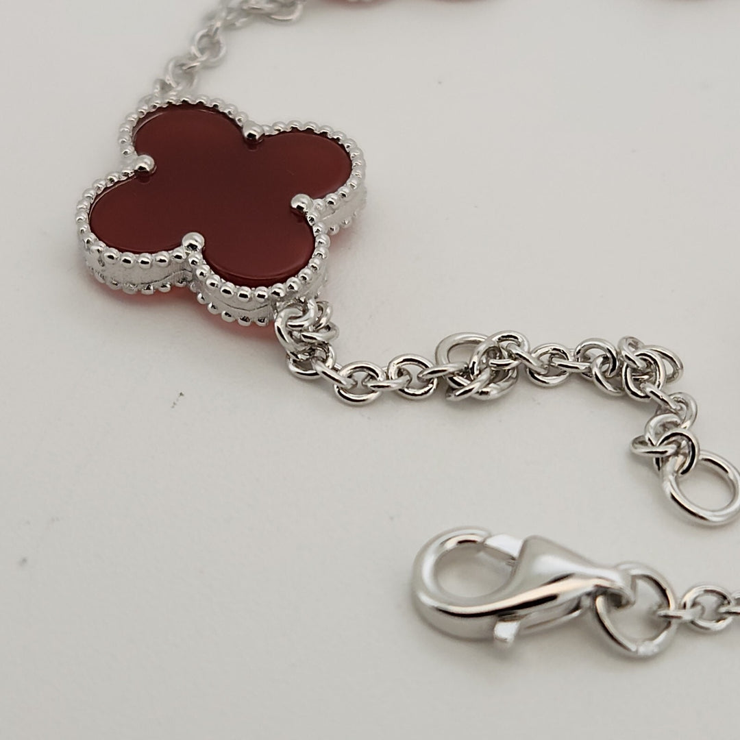 925 Sterling Silver Red Agate Flowers Bracelet 8.2"