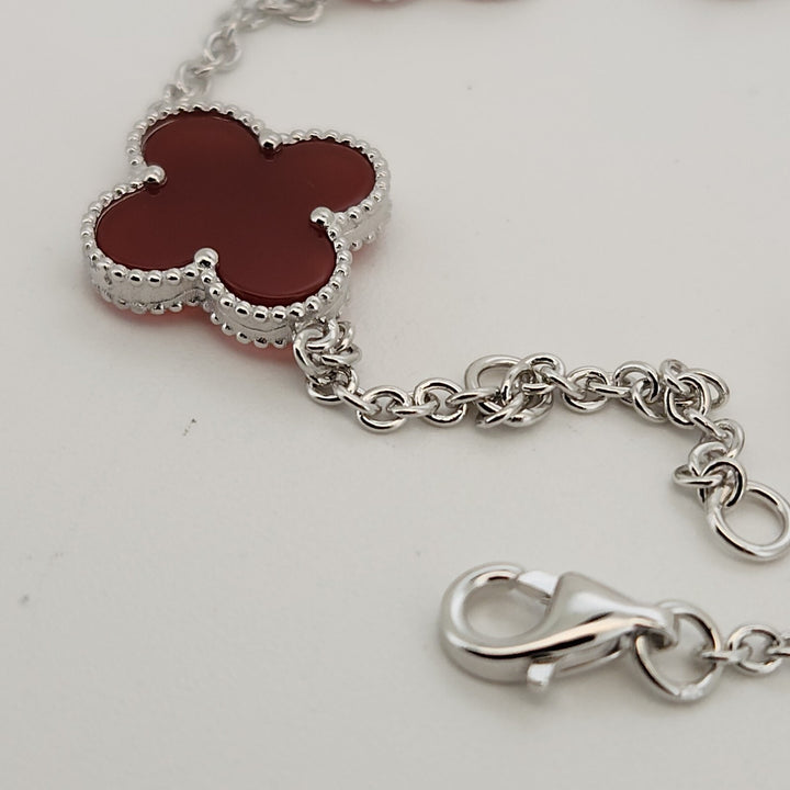 925 Sterling Silver Red Agate Flowers Bracelet 8.2"