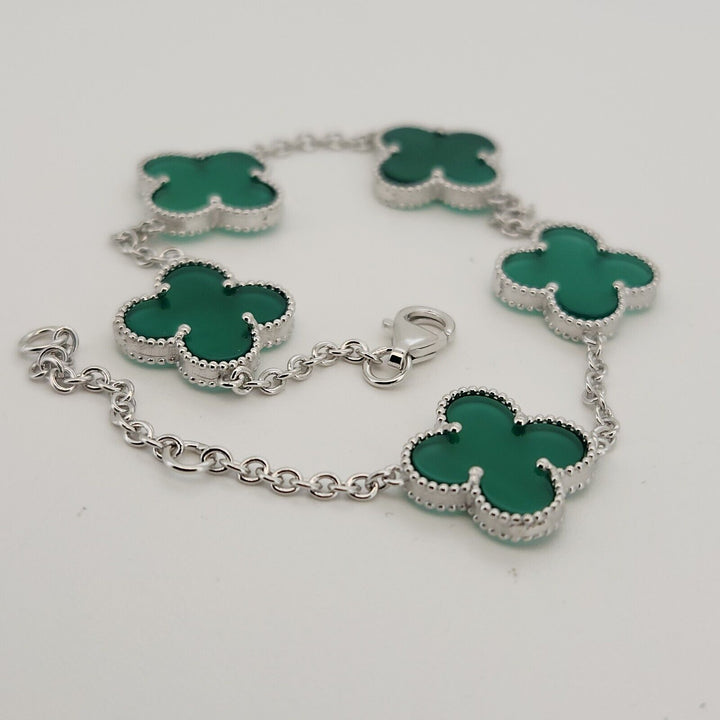 925 Sterling Silver Green Flowers Bracelet 8.2"