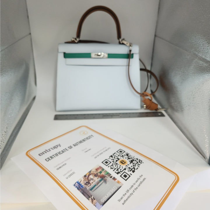Hermès Kelly 25 Sellier Tri-Color Bleu Brume/Vert Jade/ Gold Epsom Leather Palladium Hardware/U Stamp 2022/Entrupy Authenticated