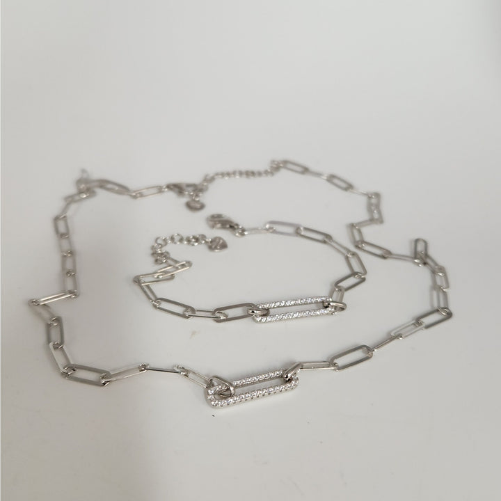 925 Sterling Silver Paperclip Link Necklace & Bracelet Set with CZ Accents