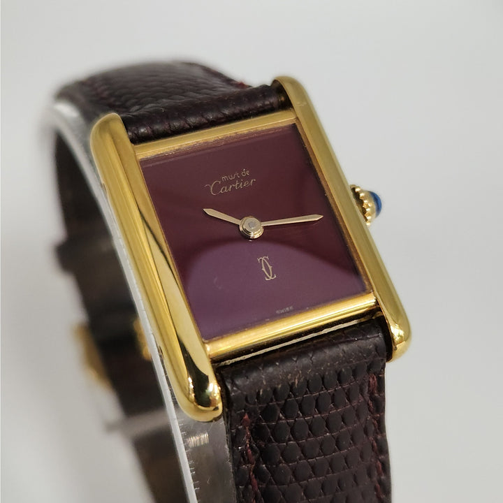 Vintage Cartier Paris Tank Vermeil Quartz Watch  Burgundy Dial Swiss Made