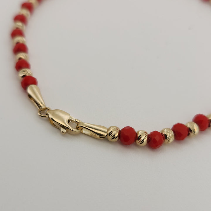 14k Yellow Gold Fashion Red And Gold Beaded Bracelet 7.5"