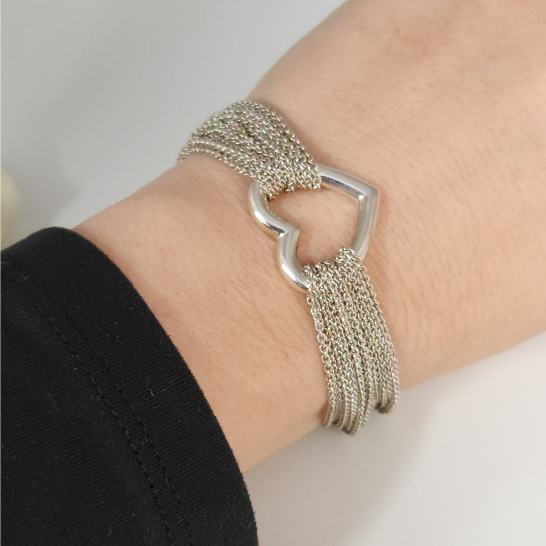 Tiffany & Co. Sterling Silver Multi-chain Heart Bracelet With Box & Pouch