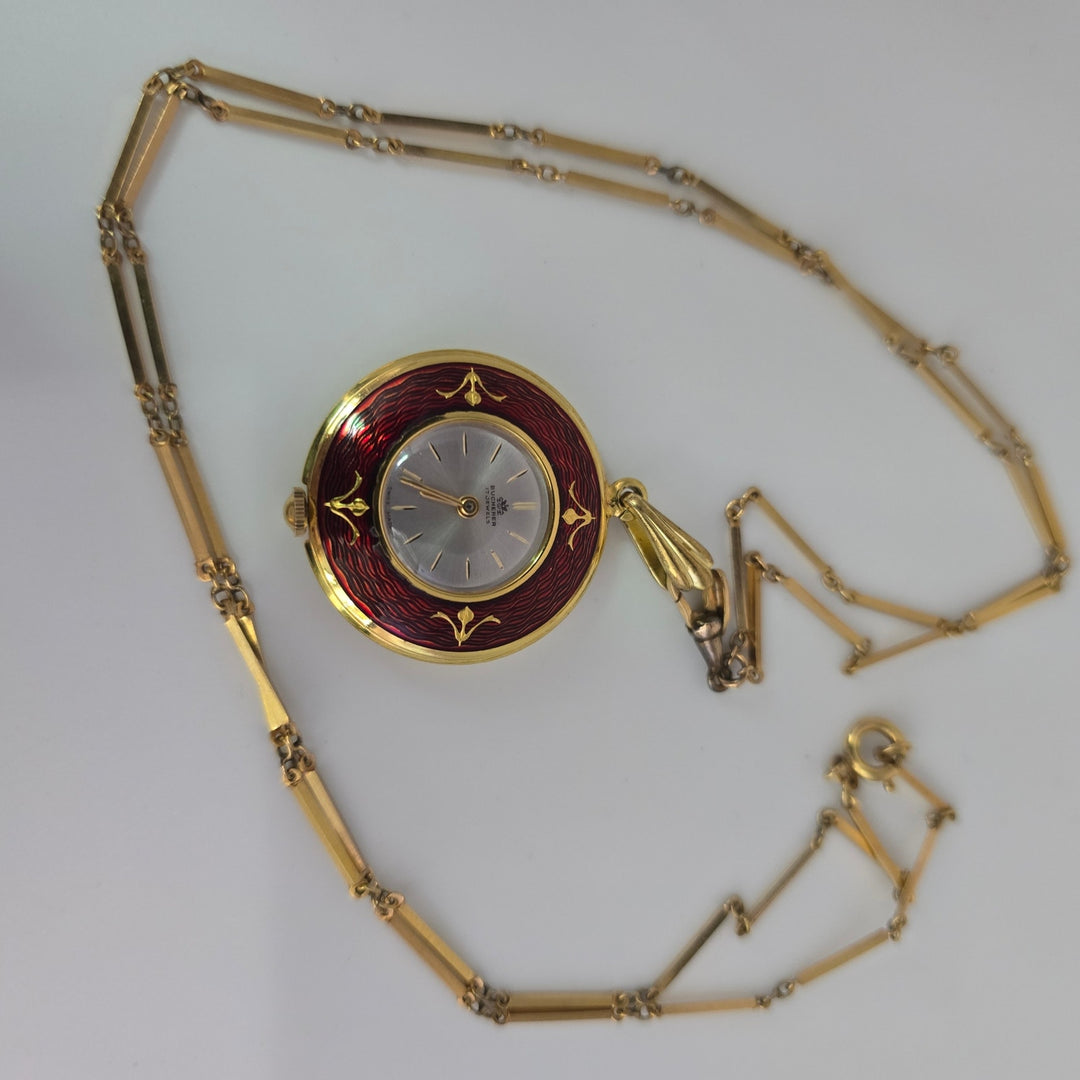 Vintage Bucherer 17 Jewel Swiss Red Enamel Pendant Watch w/ Chain