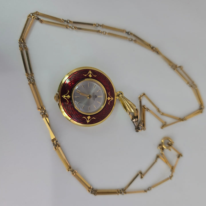 Vintage Bucherer 17 Jewel Swiss Red Enamel Pendant Watch w/ Chain