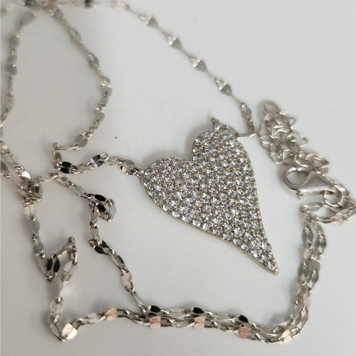 925 Sterling Silver Sparkling Pav'e Heart Necklace 18" Adjustable Chain