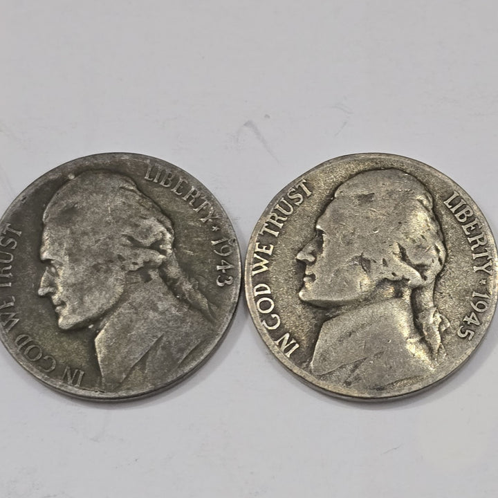 Lot of 6 Jefferson War Nickels 35% silver 1942-1945 Ungraded Circulated 5 Cents