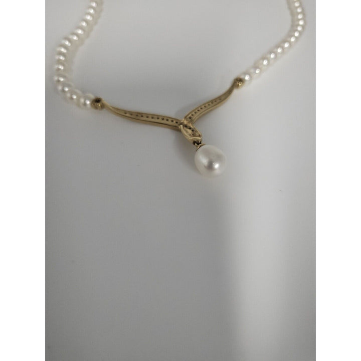 10k Yellow Gold Diamond With Pearls Necklace 18in