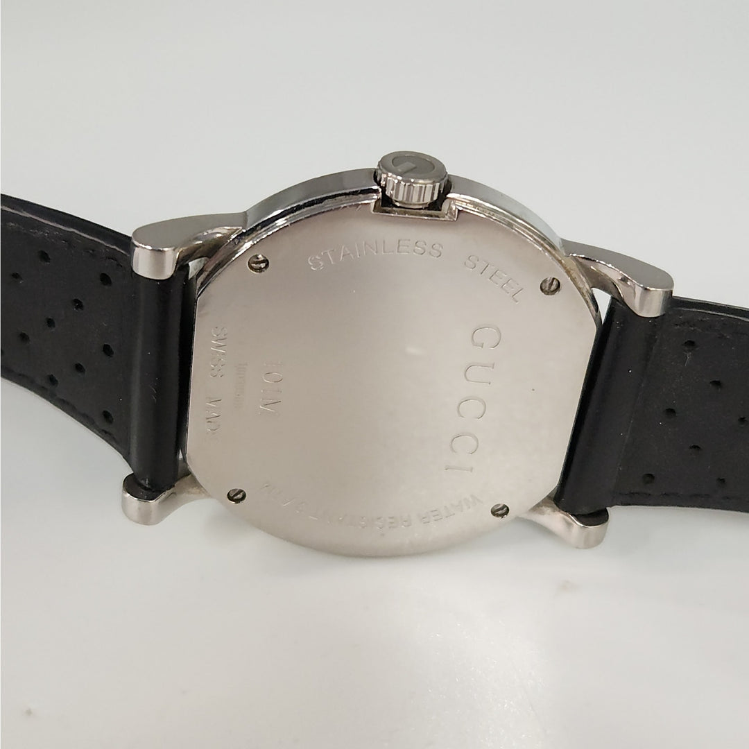 Gucci 101M  Day -Date Watch Black Dial Swiss Made Stainless Steel Leather Strap
