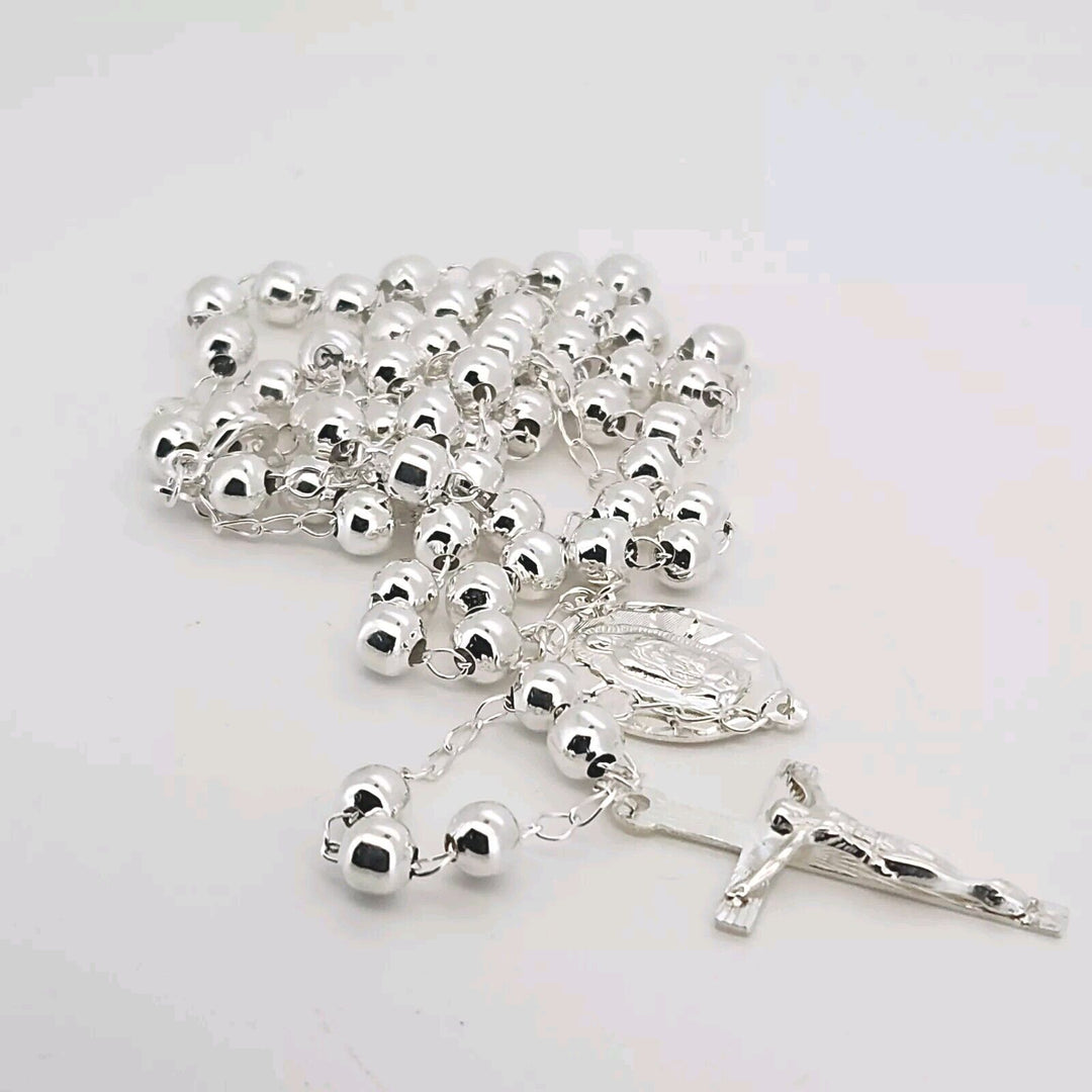 925 Sterling Silver Rosary 5MM Necklace 24"A
