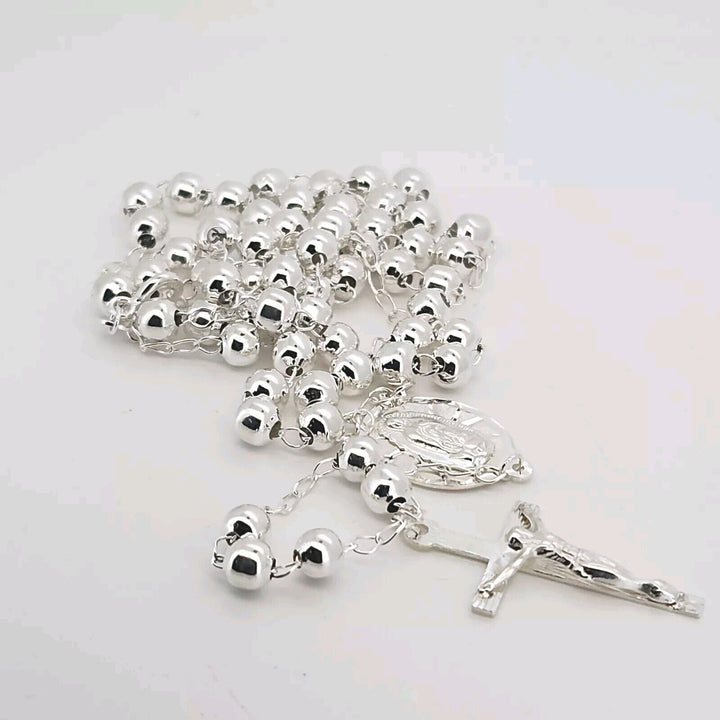925 Sterling Silver Rosary 5MM Necklace 24"A