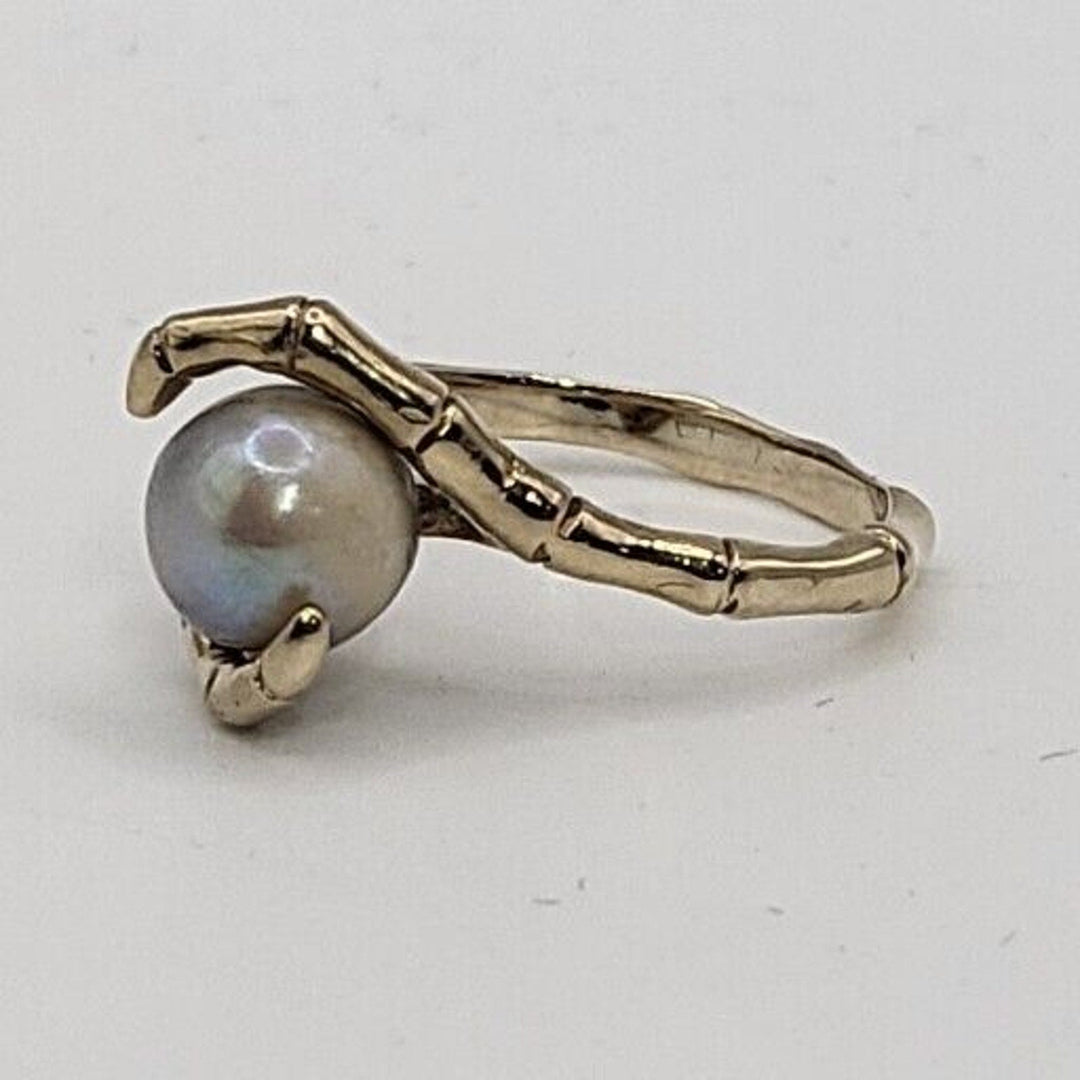 Vintage 14k Gold Natural Grey 7.8MM Pearl Bamboo Style Ring 3.6g, Sz 5.75