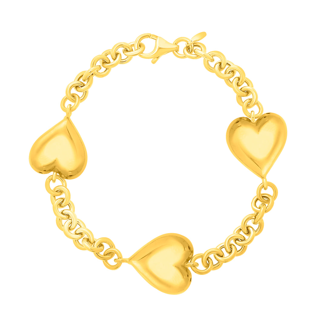 Gold Over Silver Puffed Triple Heart Bracelet