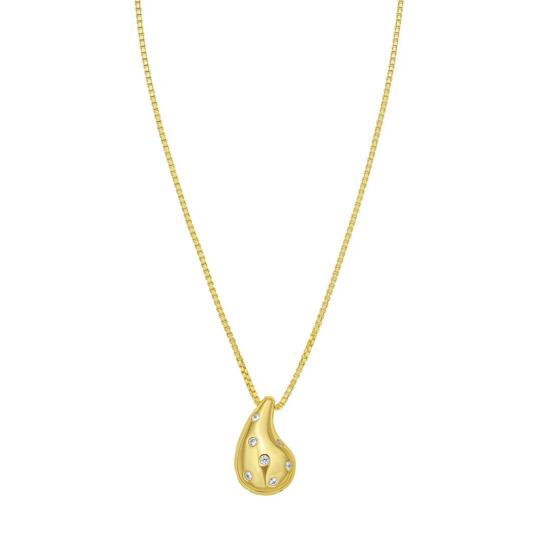 Gold Over Silver Puffed Raindrop Necklace with CZ