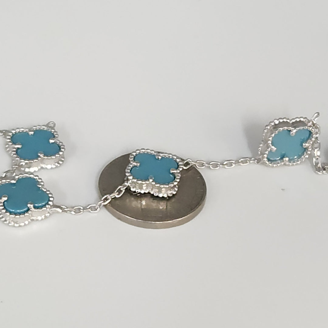 Fashion Silver Bracelet With Turquoise Floral Clover Links 7.5"