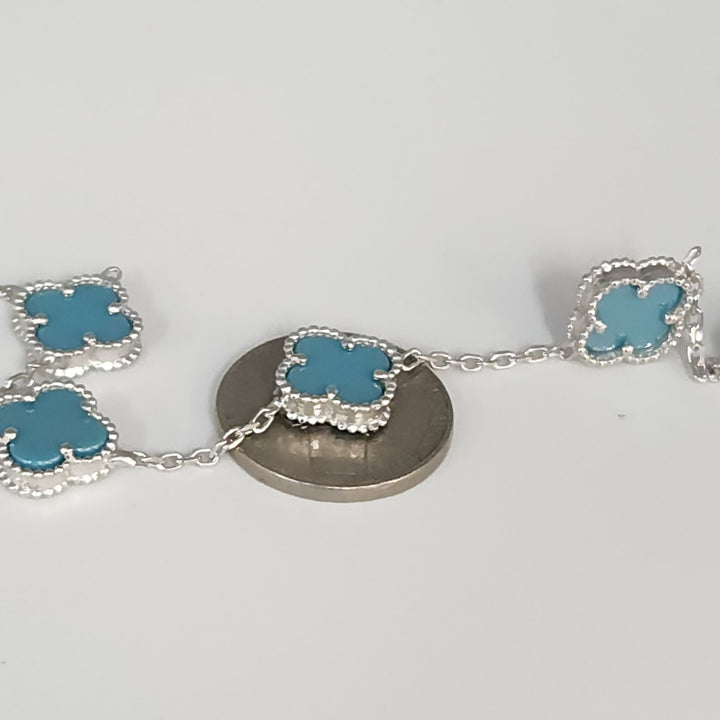 Fashion Silver Bracelet With Turquoise Floral Clover Links 7.5"