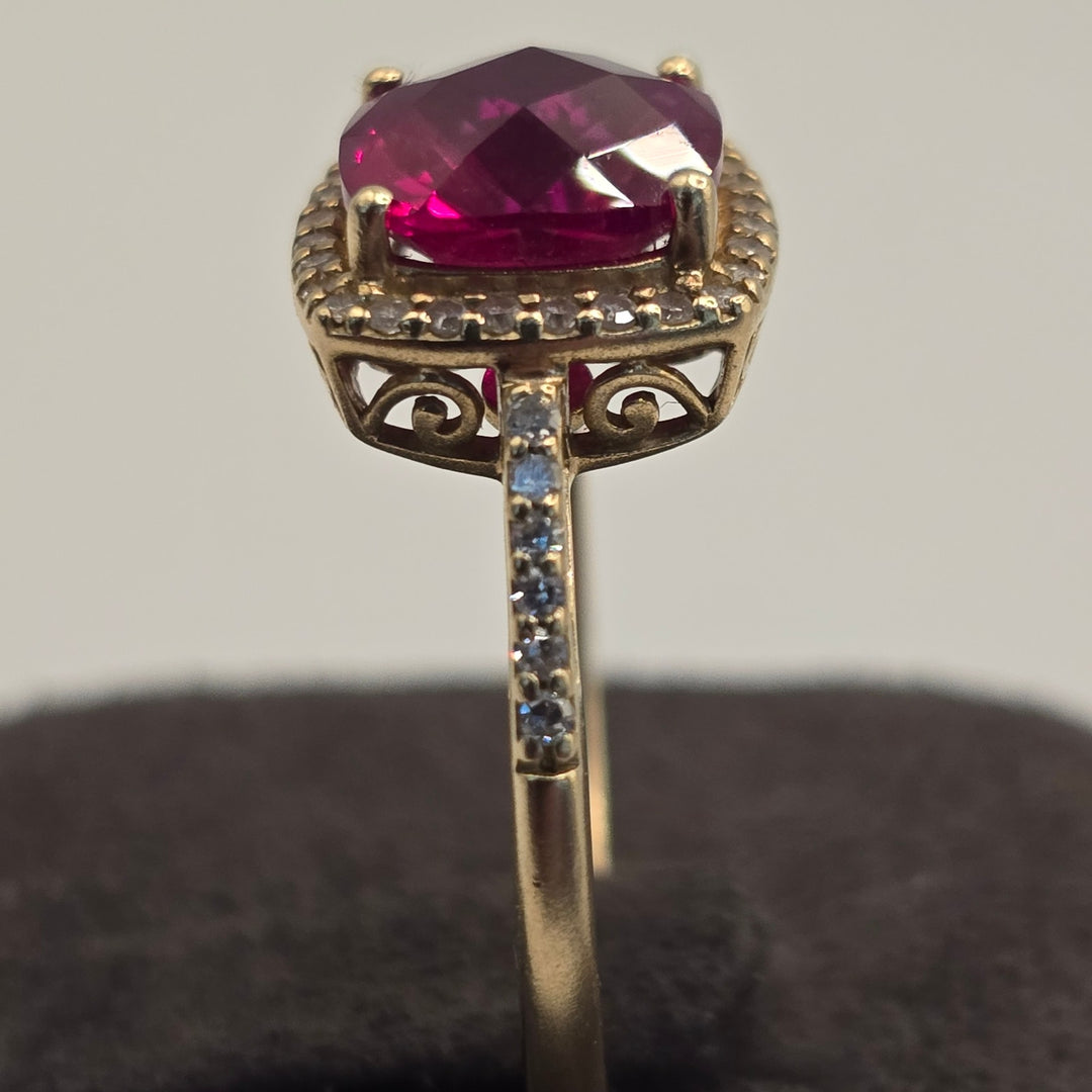 14K Gold Ruby & Diamond Halo Ring 3.0g Size 6.75 Cushion Cut Ring