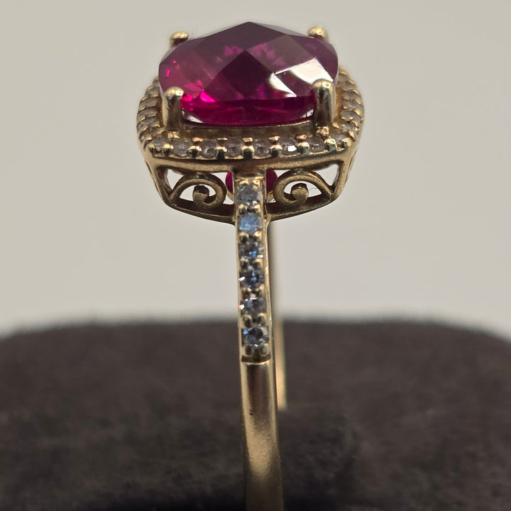 14K Gold Ruby & Diamond Halo Ring 3.0g Size 6.75 Cushion Cut Ring