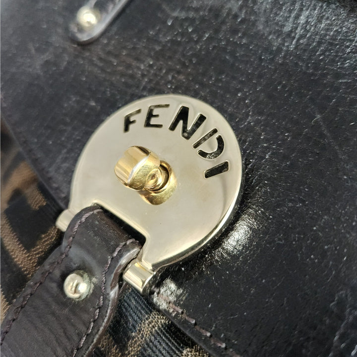 Vintage Fendi Zucca Monogram Top Handle HandBag With Gold Tone Turn Lock