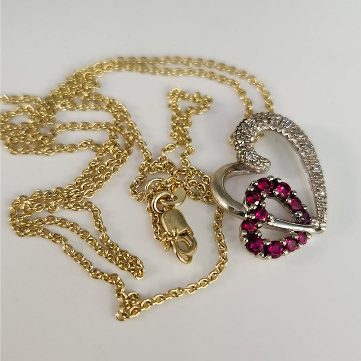 10k Gold Ruby and Diamond heart pendant necklace with 18" in 14k chain