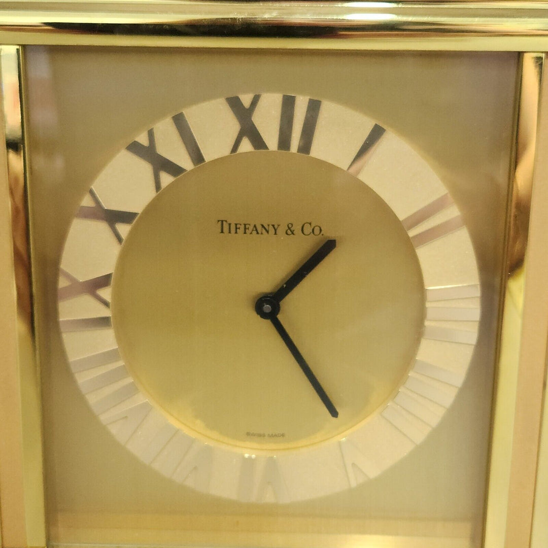Vintage Tiffany & CO Large Rectangle Brass Desk Clock Quartz Roman Numerals