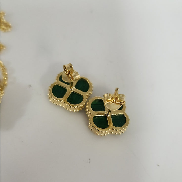 925 Silver Malachite Flowers Jewelry Set With Gold Tone Necklace And Earrings