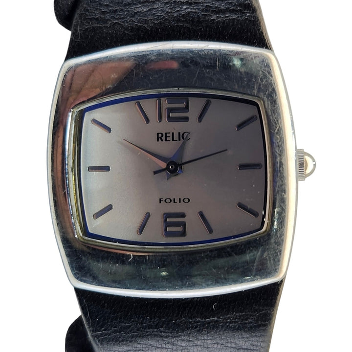 Relic Folio ZR33489 Silver Tonneau Quartz Men's Watch Black Leather Strap