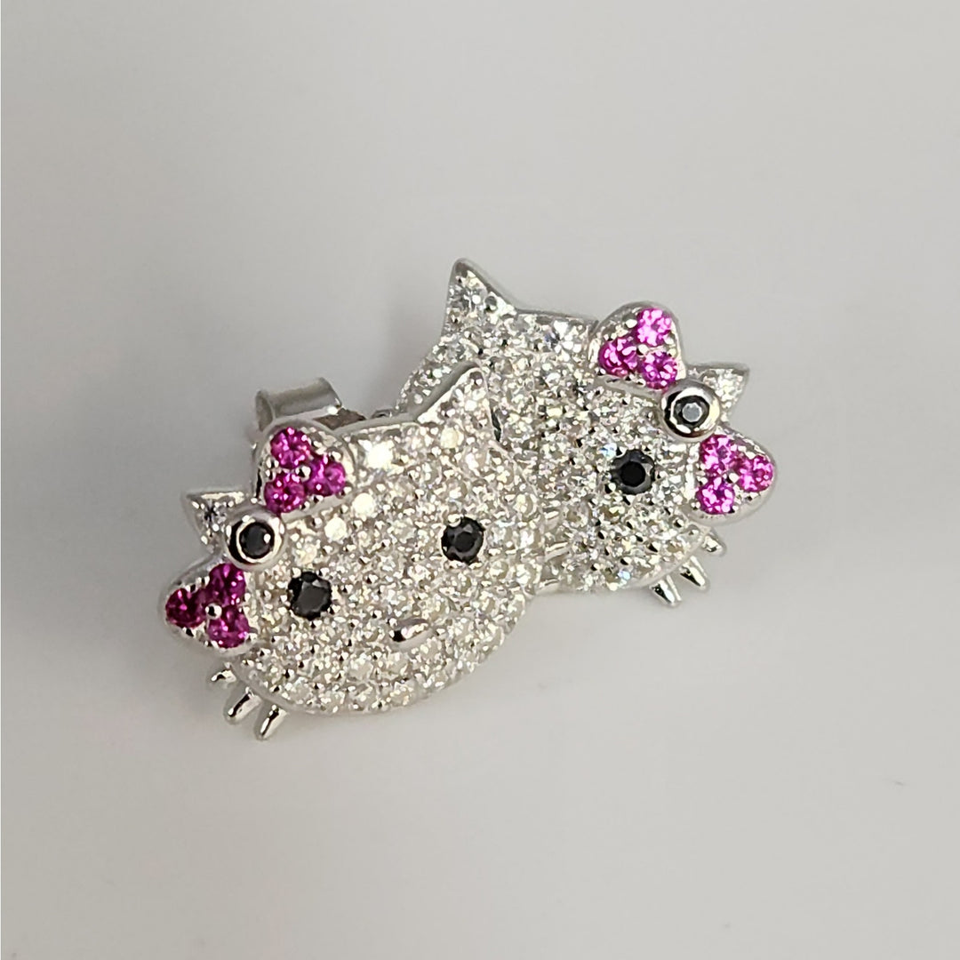 925 Sterling Silver Hello Kitty Style Earrings W/ CZ & Ruby Accent Sparkle Studs