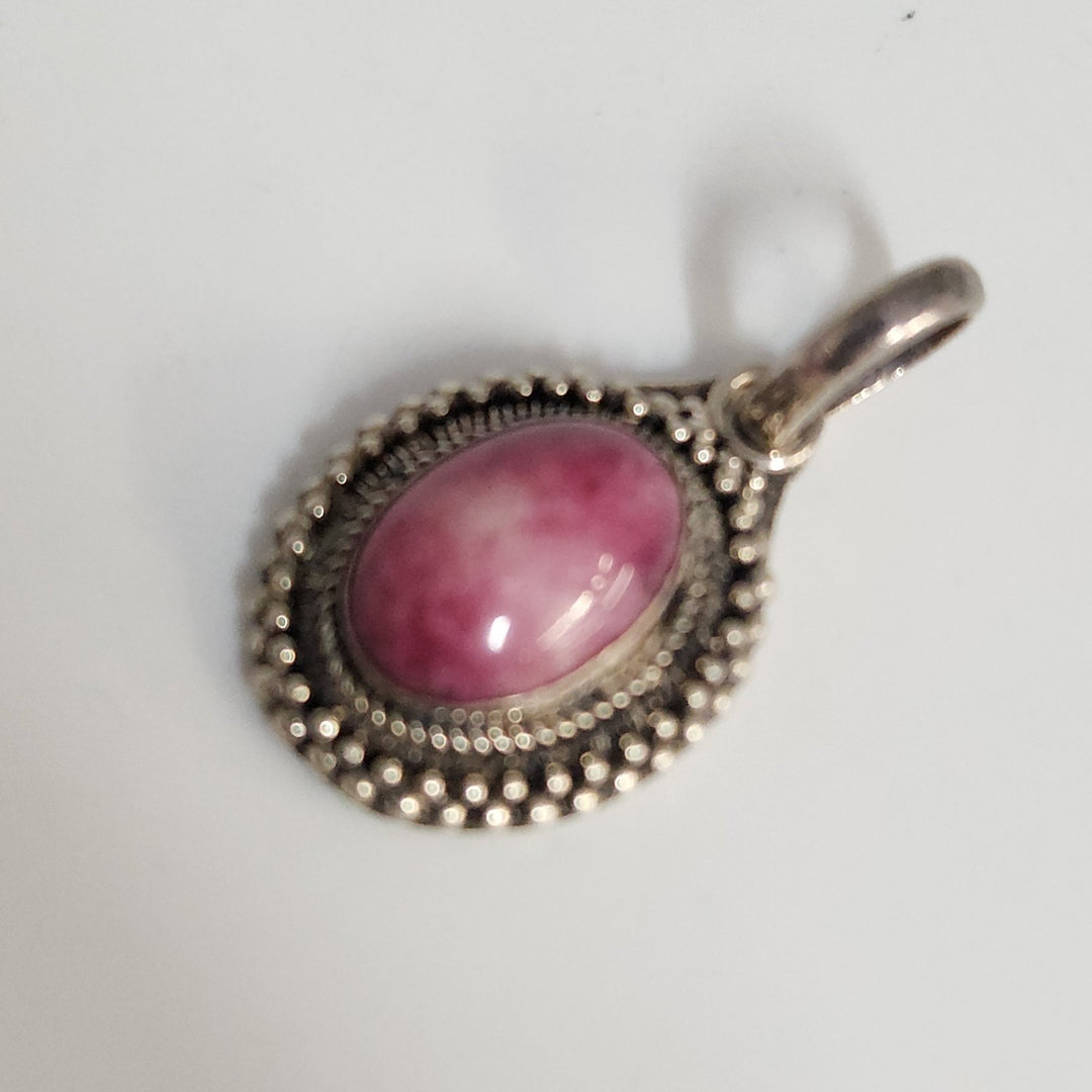 Vintage 925 Sterling Silver Dyed Pink Quartz Cabochon Pendant