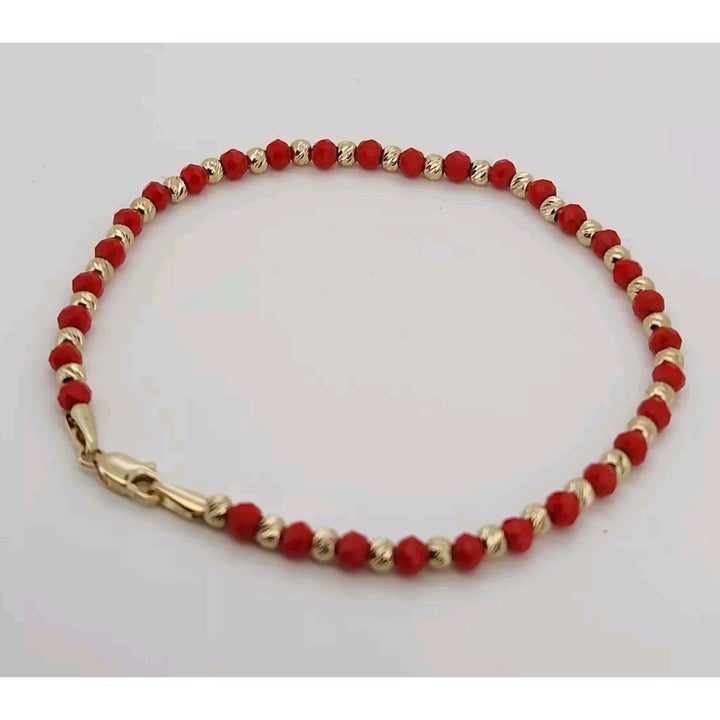 14k Yellow Gold Fashion Red And Gold Beaded Bracelet 7.5"