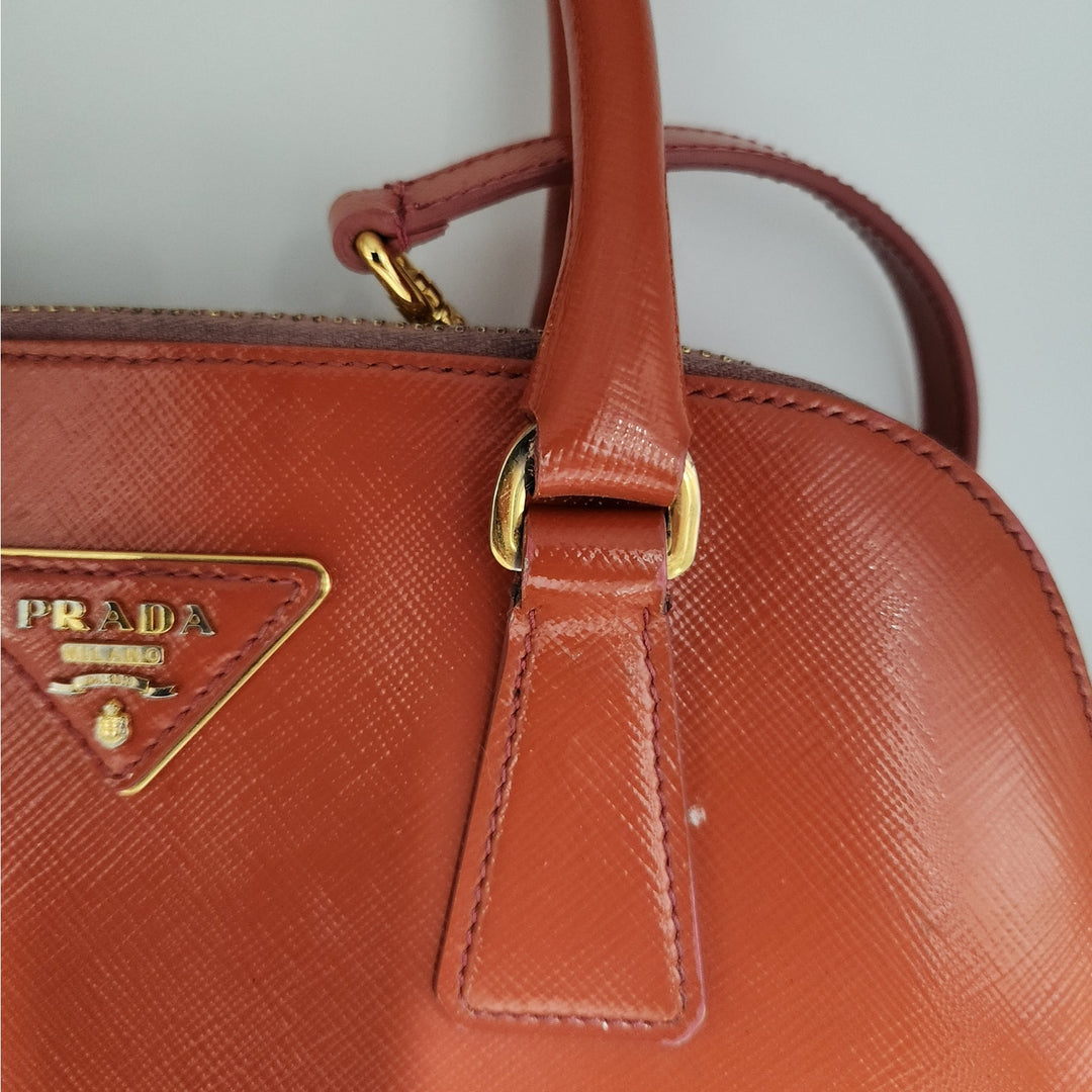 Authentic Prada Orange Saffiano Vernic Handbag w/ Gold Hardware & Shoulder Strap