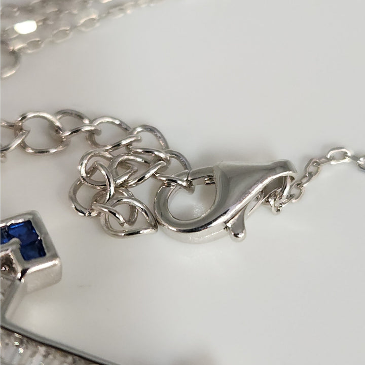 Elegant 925 Sterling Silver Cross Pendant Necklace Baguette CZ & Blue Sapphires