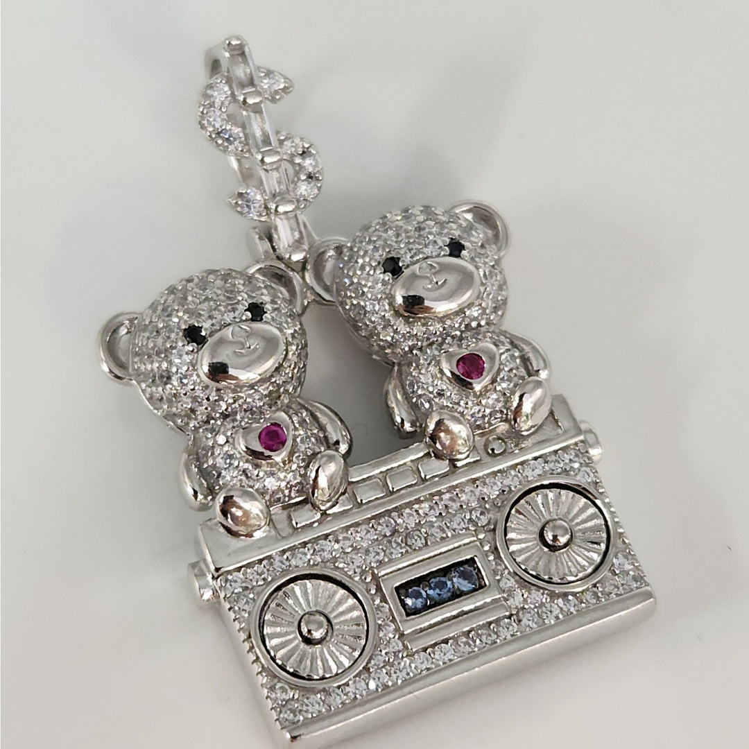 925 Sterling Silver Double Teddy Bear Pendant W/ CZ Accents And Dollar Sign Bail