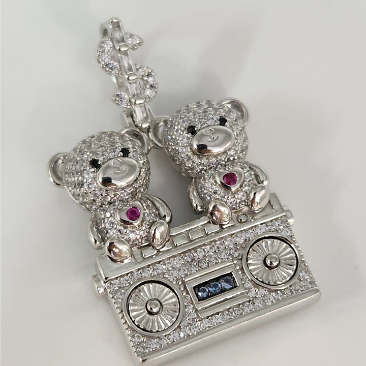 925 Sterling Silver Double Teddy Bear Pendant W/ CZ Accents And Dollar Sign Bail