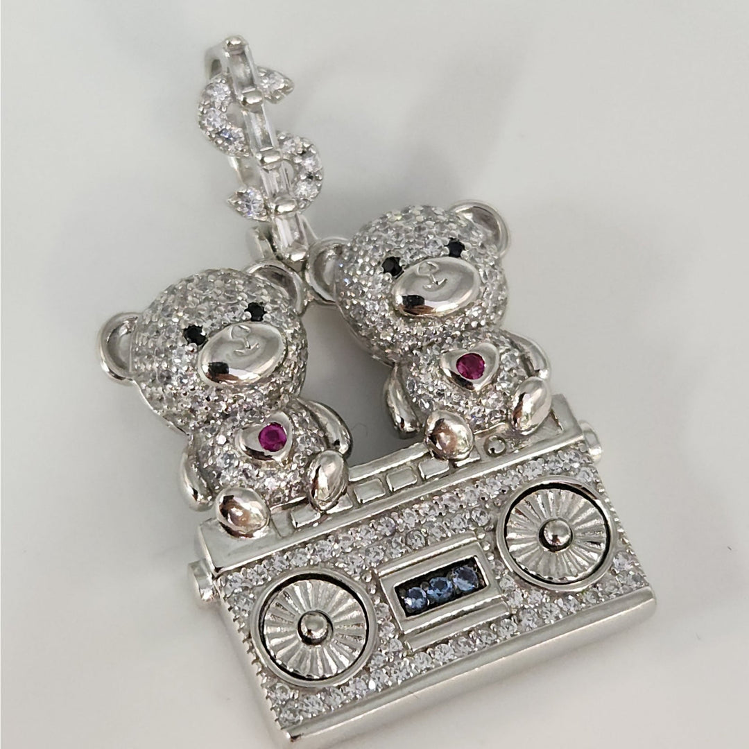 925 Sterling Silver Double Teddy Bear Pendant W/ CZ Accents And Dollar Sign Bail