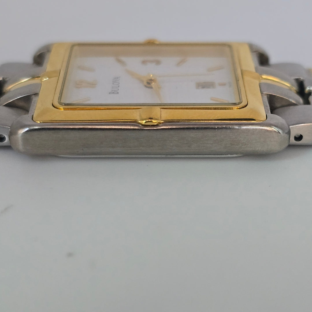 Bulova 98G60 Men's Two Tone Stainless Quartz Square Date Watch Japan Mvt w/ Box.