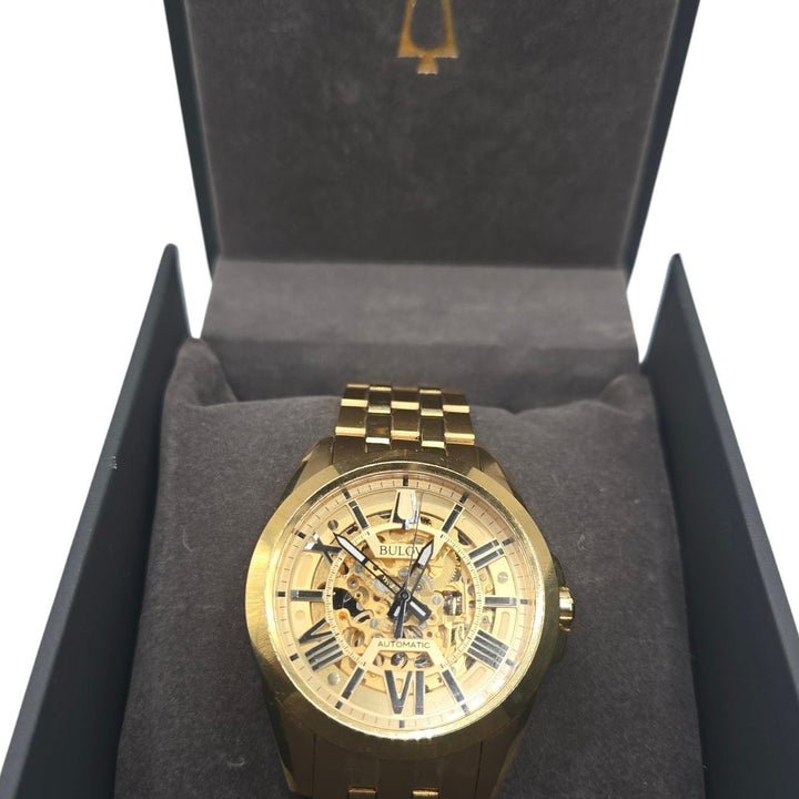 Bulova Sutton Automatic Skeleton Men's Watch Gold Tone 43mm 97A162