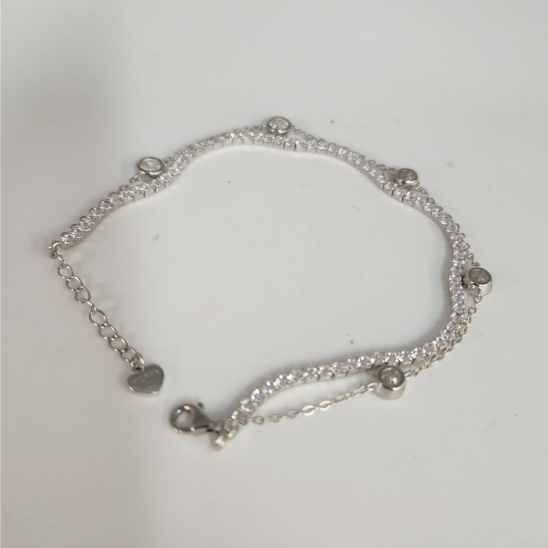 925 Sterling Silver Double layer Tennis & Bezel Set CZ bracelet 8"