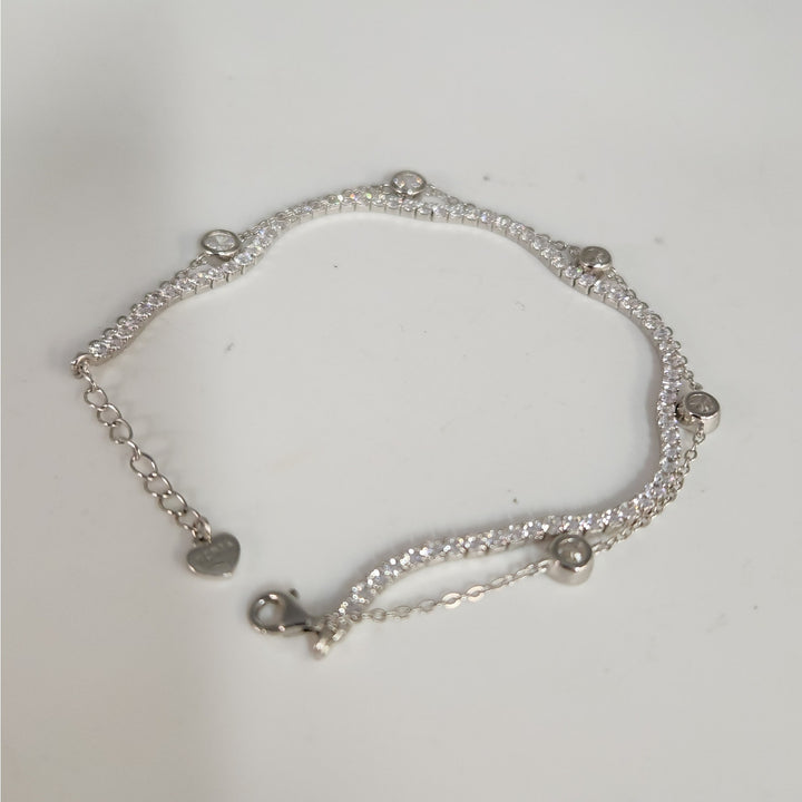 925 Sterling Silver Double layer Tennis & Bezel Set CZ bracelet 8"