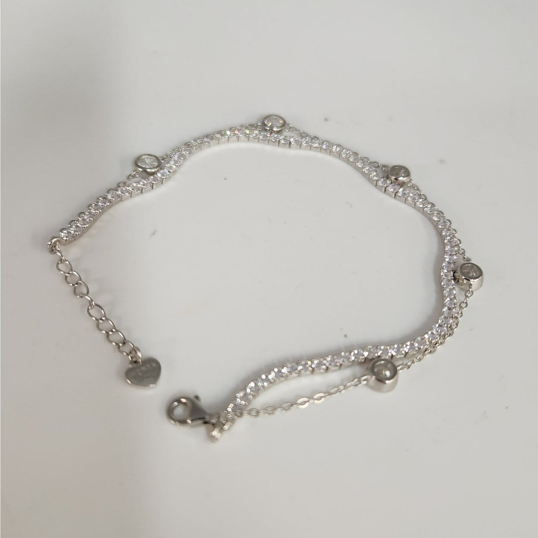 925 Sterling Silver Double layer Tennis & Bezel Set CZ bracelet 8"