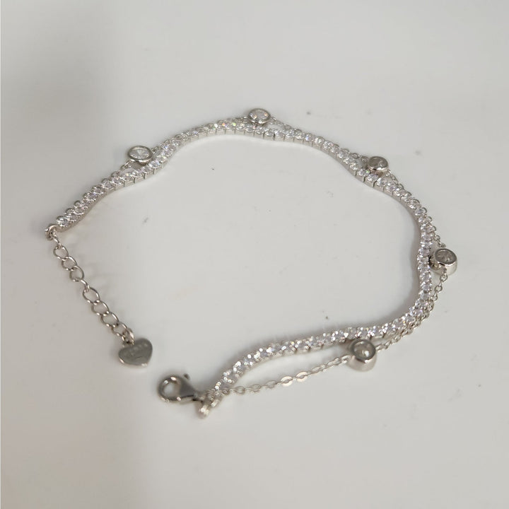 925 Sterling Silver Double layer Tennis & Bezel Set CZ bracelet 8"