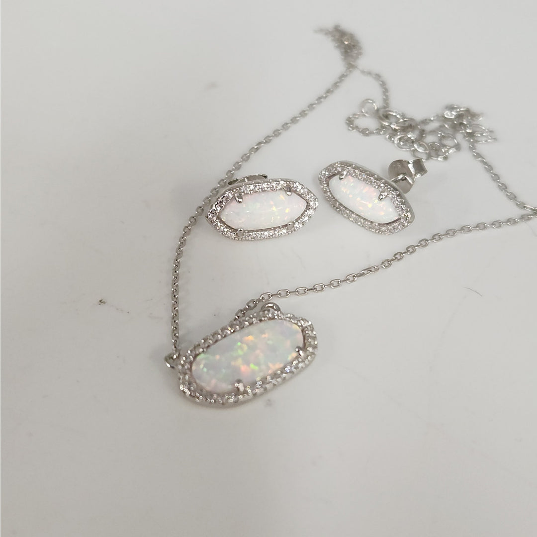 925 Sterling Silver simulated Opal & CZ jewelry set Necklace & Matching Earrings