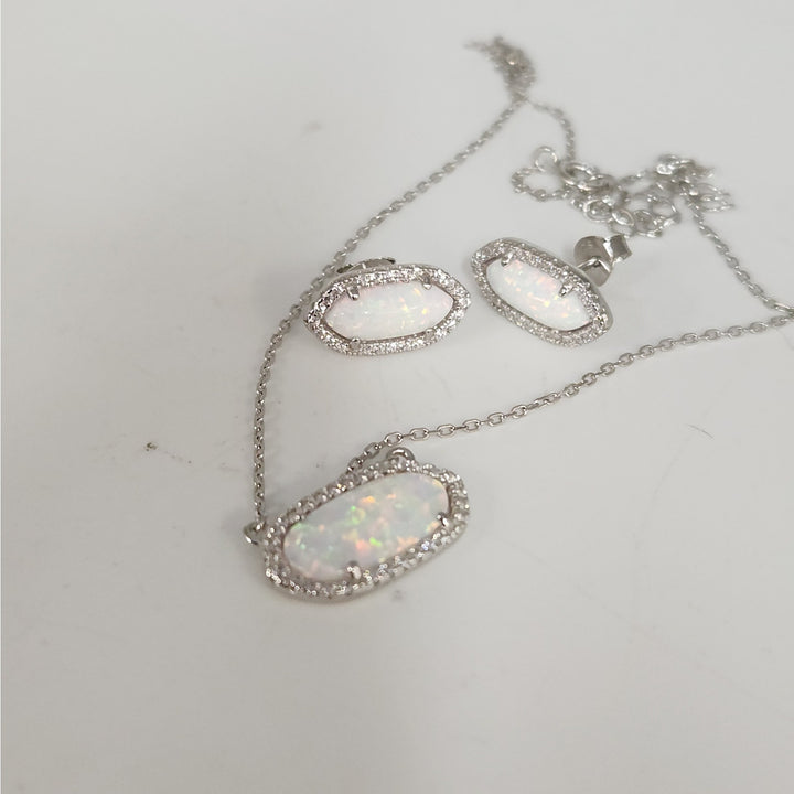925 Sterling Silver simulated Opal & CZ jewelry set Necklace & Matching Earrings