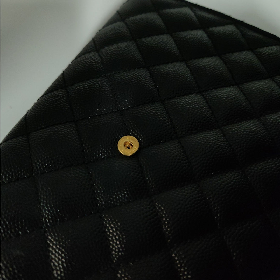Saint Lauren YSL Black Quilted Envelope Wallet /Crossbody Bag W/ Gold Hardware