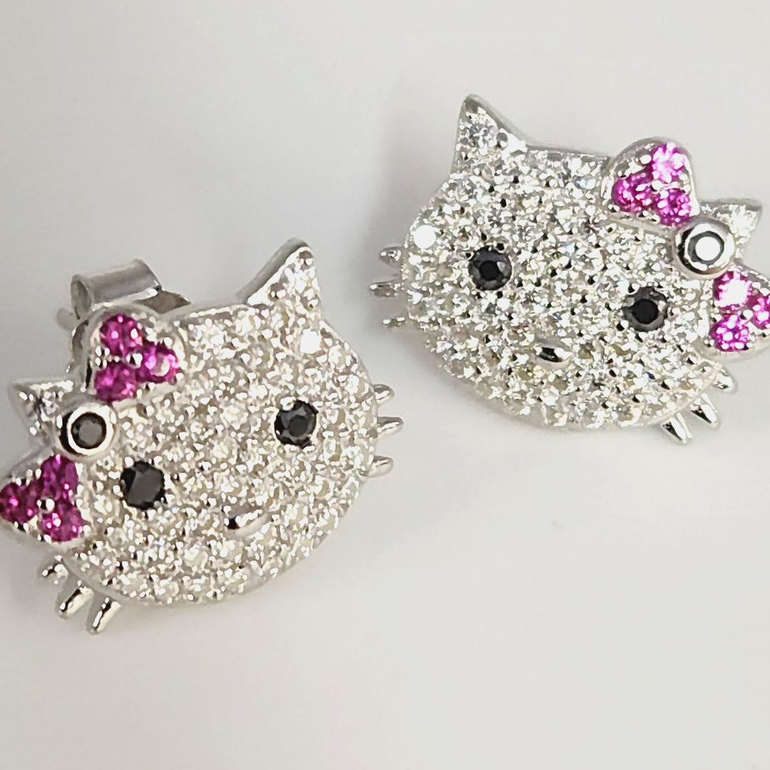925 Sterling Silver Hello Kitty Style Earrings W/ CZ & Ruby Accent Sparkle Studs